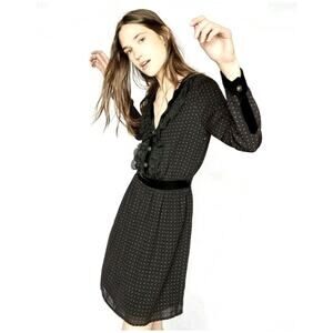 THE KOOPLES Lace Velvet Trim Pleat Polka Dot V-Neck Shirt Dress Saks NWT M $325
